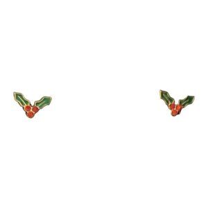 Christmas Holly Stud Earrings Green Leaves and Red Rhinestone Berries with Gold